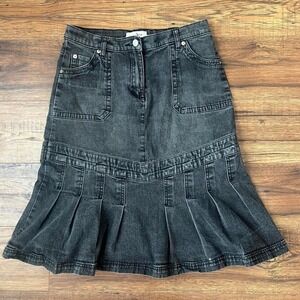 Y2K Denim Midi Skirt Black Pleated Hem Pockets Women 4 Utility Indie School Girl